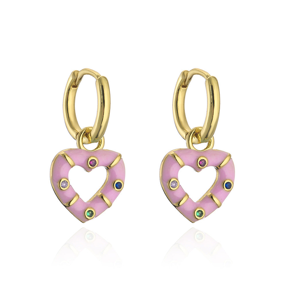 Bohemian Style Geometric Copper Earrings with Gold Plating and Enamel Heart Accent for Women