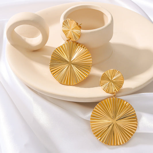 Minimalist Geometric Stainless Steel Pendant Earrings with 18K Gold Plating, Round Folded Design for Women