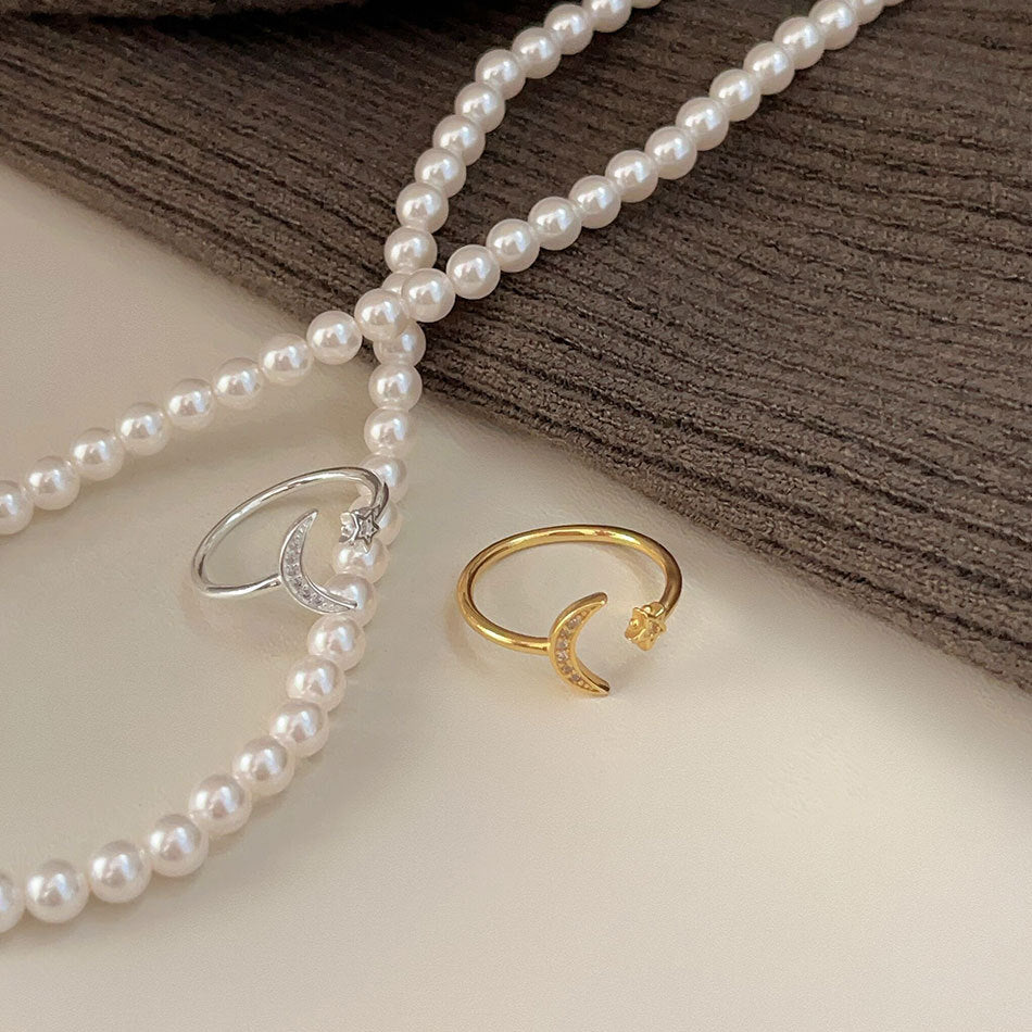 Anello da donna in argento sterling 925 con micro-incastonatura a forma di stella e luna con zirconi cubici