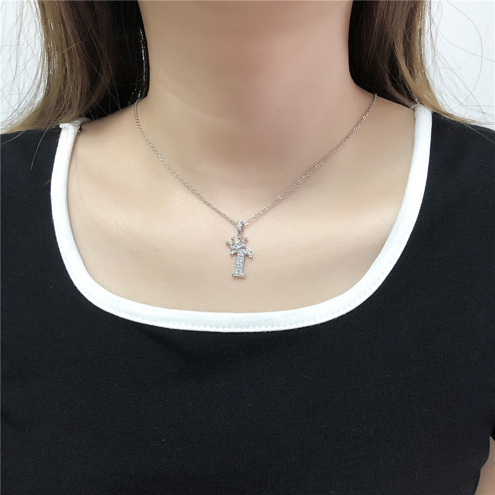 Minimalist White Gold Plated Crown Letter Pendant Necklace with Micro-Pave Cubic Zirconia for Women