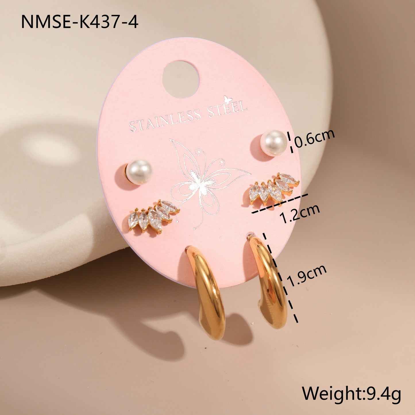 Orecchini a perno geometrici in acciaio inossidabile da donna, set da tre con intarsi di strass