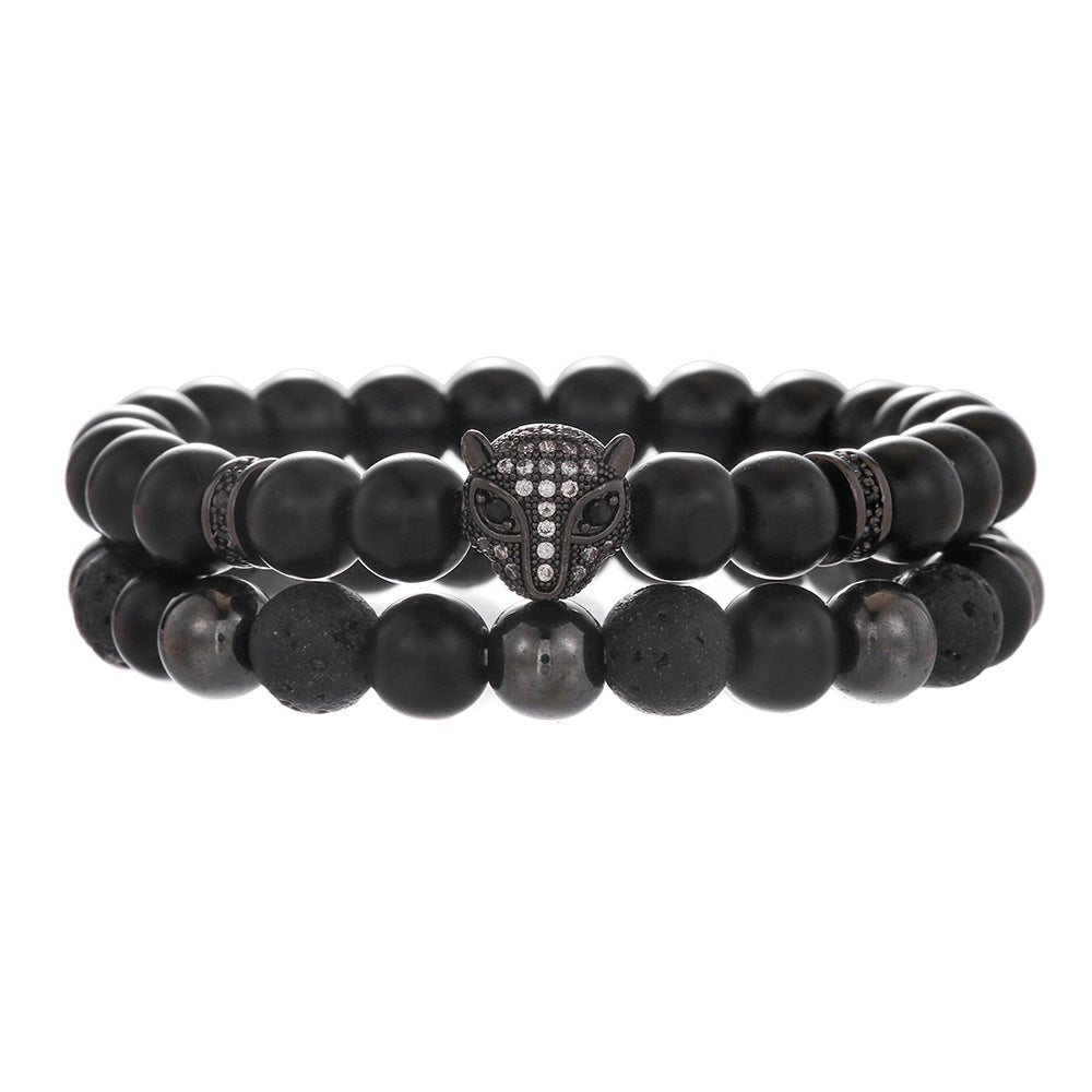 Matte Black Geometric Leopard Head Bracelet with Micro-set Cubic Zirconia and Round Spacers
