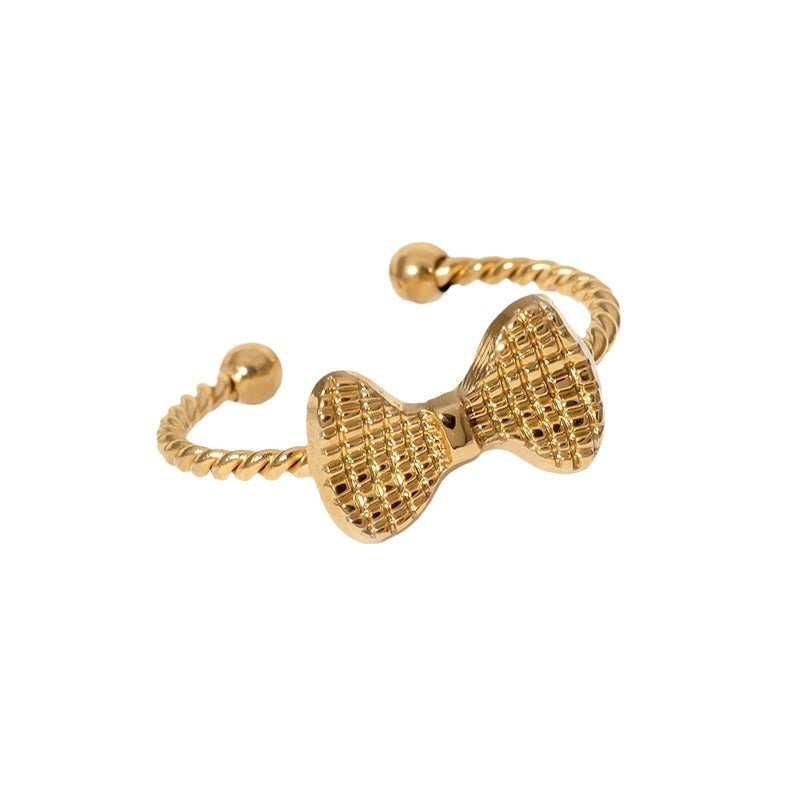 Sweet Minimalist Gold Plated Stainless Steel Bow Ring for Women