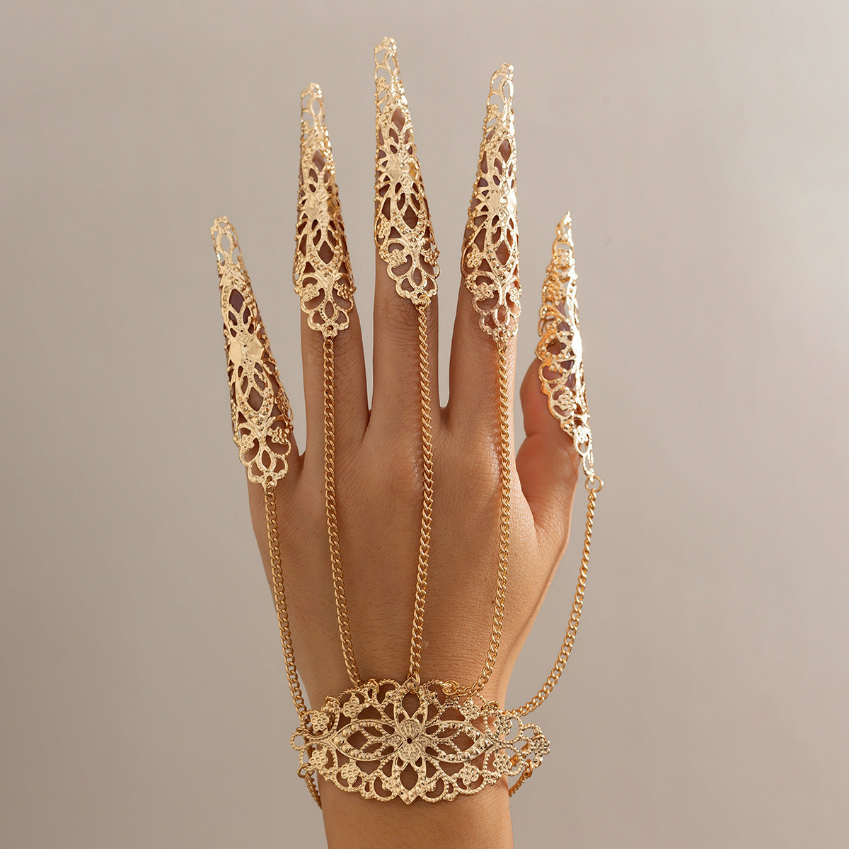Gothic Punk Plated Alloy Geometric Floral Finger Chain Bracelet for Women