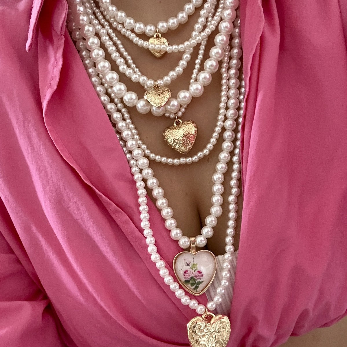 Collar de imitación de perlas de aleación pulida con corazón estilo barroco vintage Hip-hop para mujer