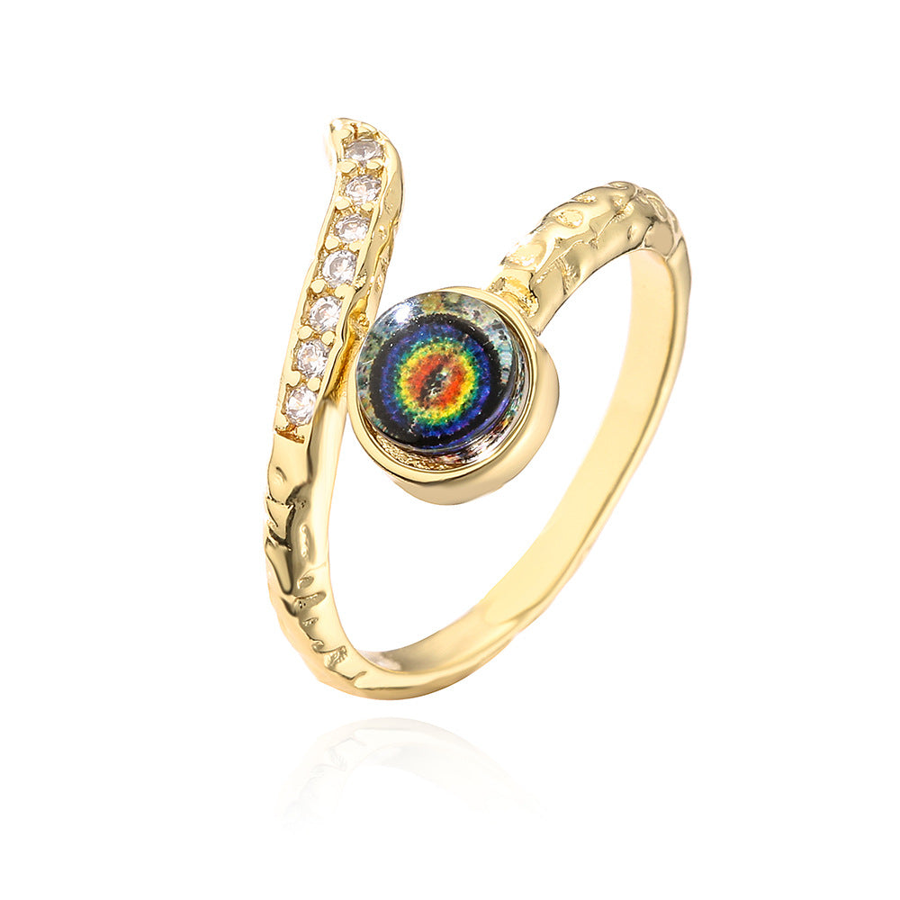 Anello aperto geometrico da donna con base in rame placcata in oro 18 carati e design a occhio turco con zirconi micro-incastonati