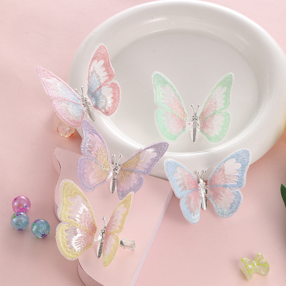 Fermaglio per capelli a farfalla dolce per bambini Fermaglio ricamato a mano in tessuto con ali mobili Accessorio laterale per capelli in stile principessa