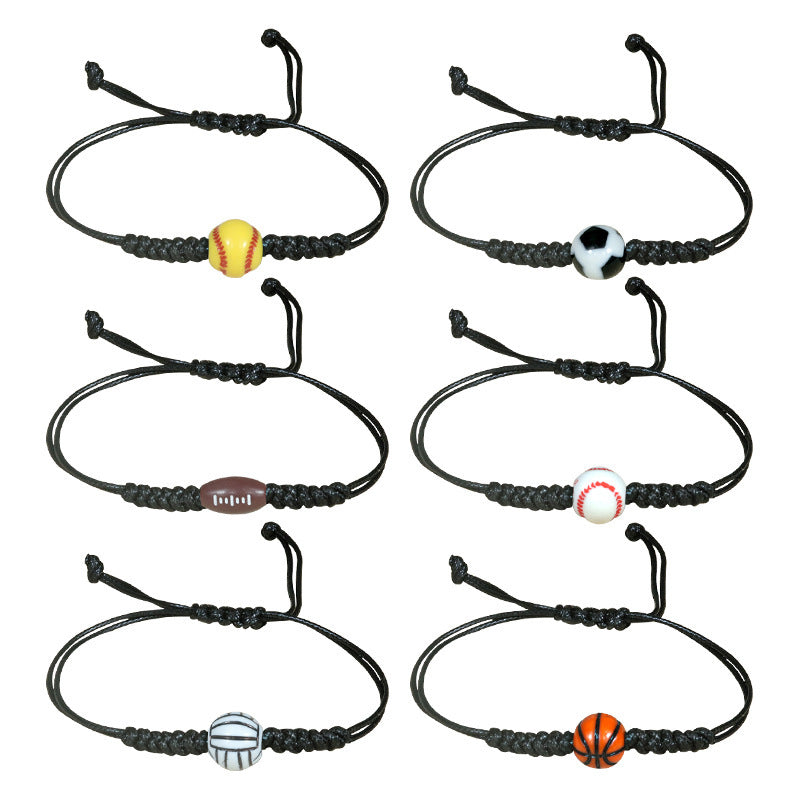 Sporty Handmade Braided Wax Cord Bracelet with Basketball Football Baseball Charms Adjustable Unisex DIY Charm Bar