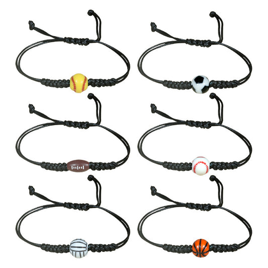 Sporty Handmade Braided Wax Cord Bracelet with Basketball Football Baseball Charms Adjustable Unisex DIY Charm Bar