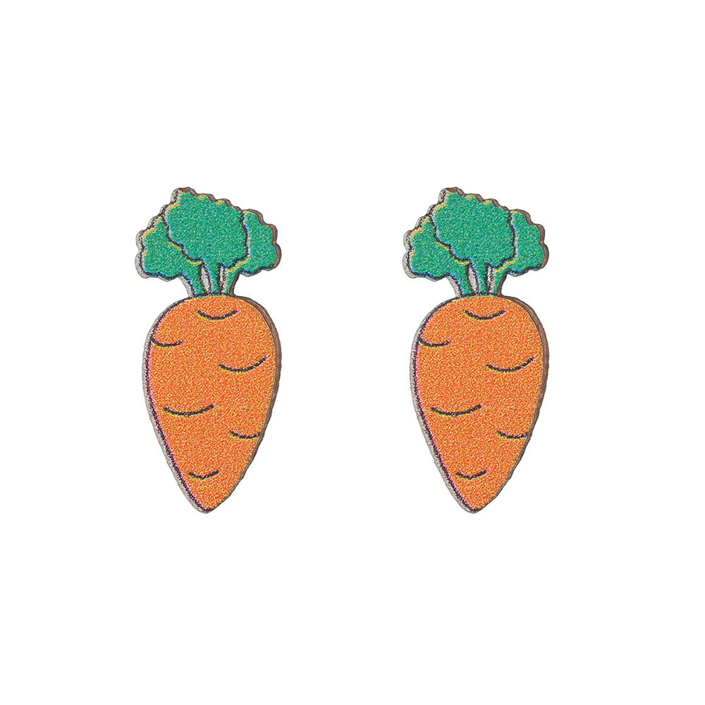 Sweet Cartoon Wood Geometric Apple Carrot Stud Earrings for Kids
