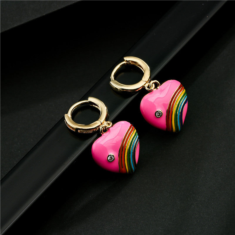 Vintage Drip Oil Rainbow Heart Geometric Brass 18K Gold Plated Micro-set Cubic Zirconia Earrings for Women