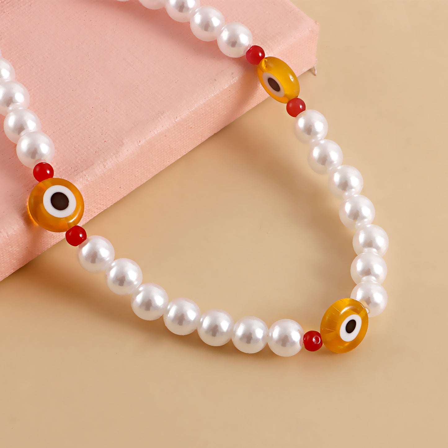 Minimalist Geometric Evil Eye Anklet for Women Made of Alloy with Pearl-Like Beads