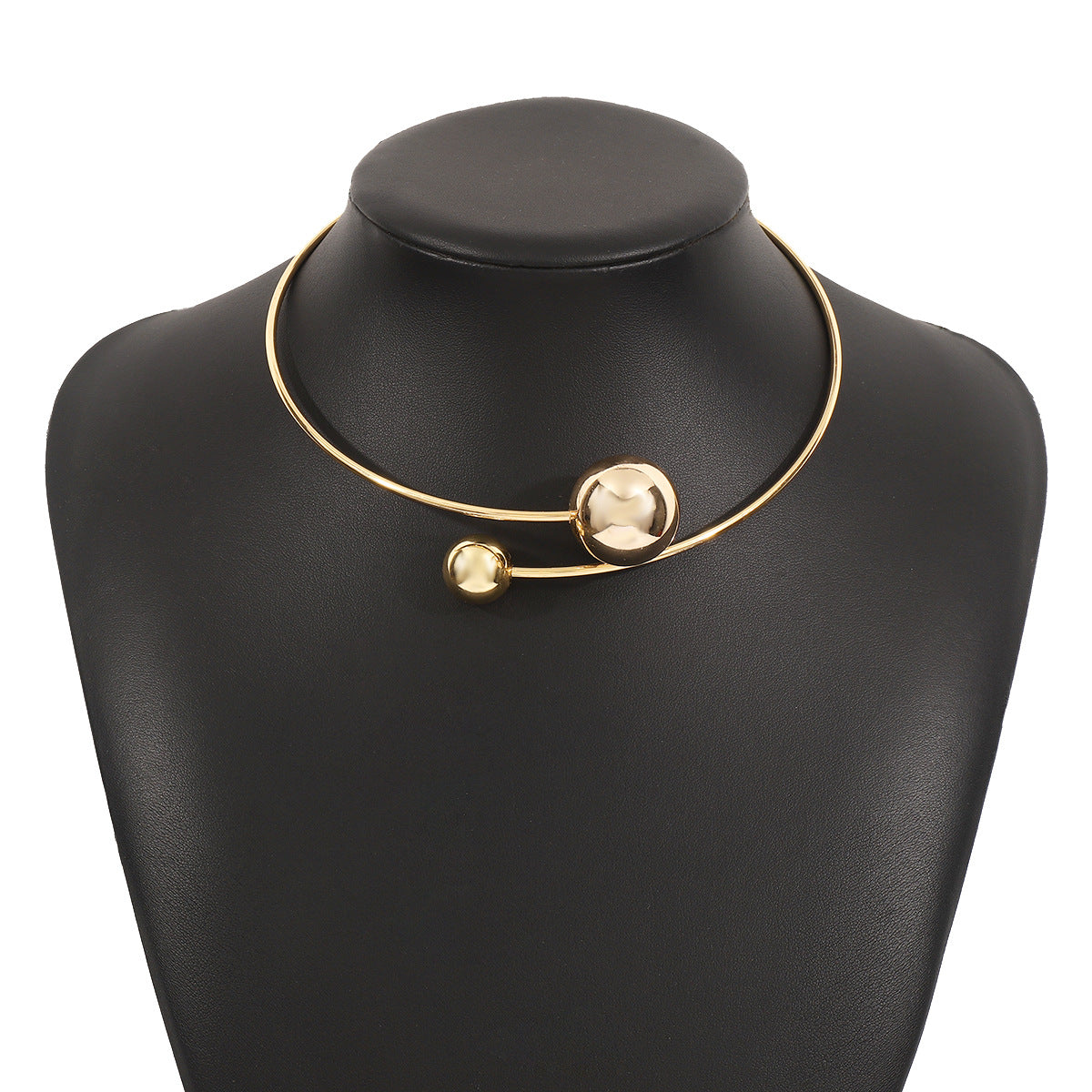Vintage Geometric Asymmetrical Circle Bead Choker Necklace and Open Bangle Bracelet for Women with Electroplated Iron Finish
