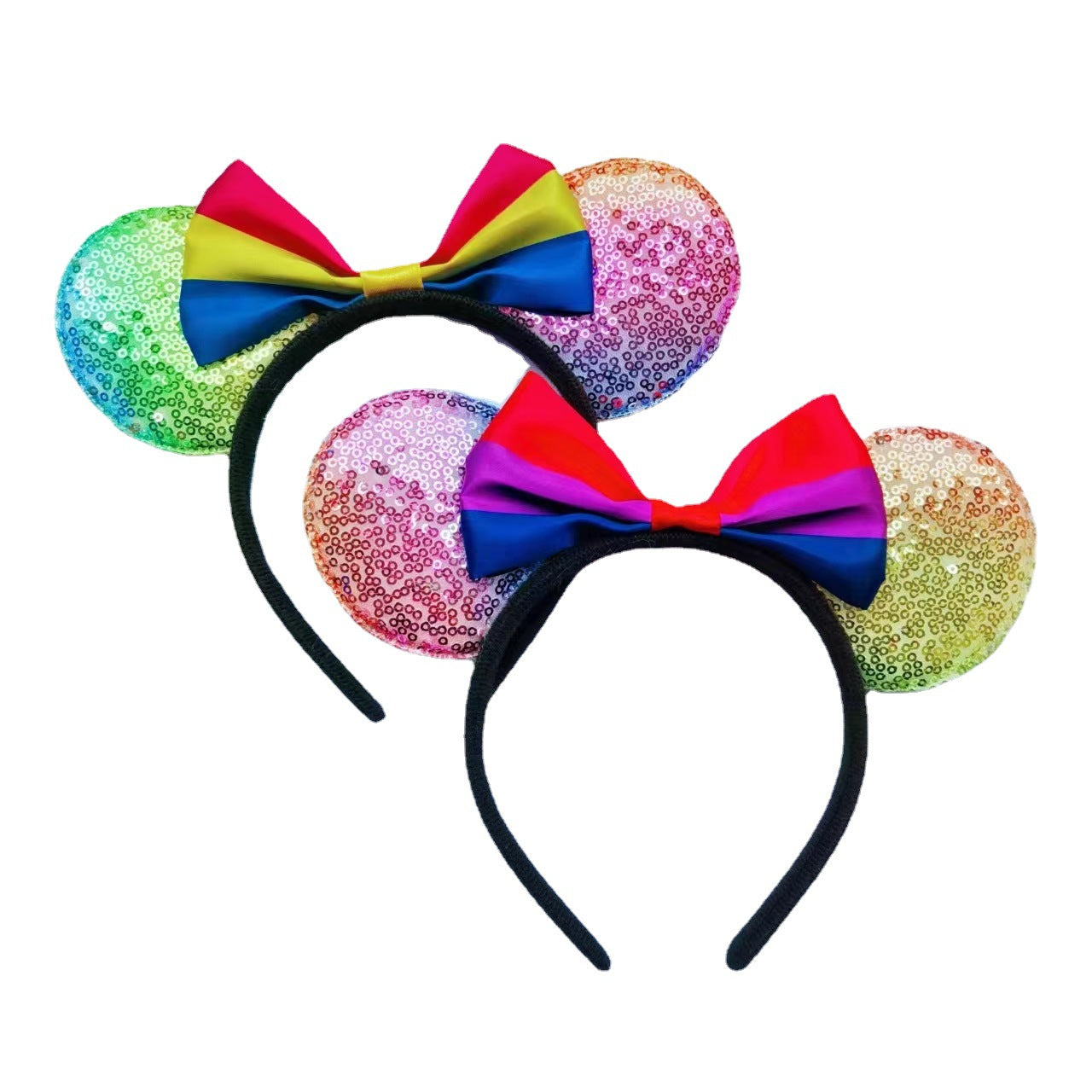 Cartoon Mickey Mouse Ear Headband with Rainbow Sequins and Bow for Theme Parties
