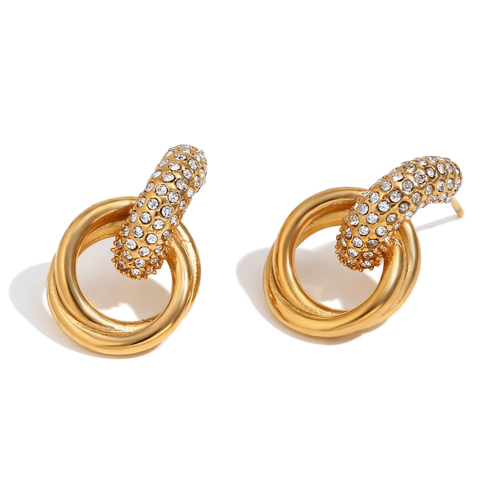 Fashionable Minimalist Geometric Stainless Steel Earrings with 18K Gold Plating and White Zirconia Round Hoop Design for Women