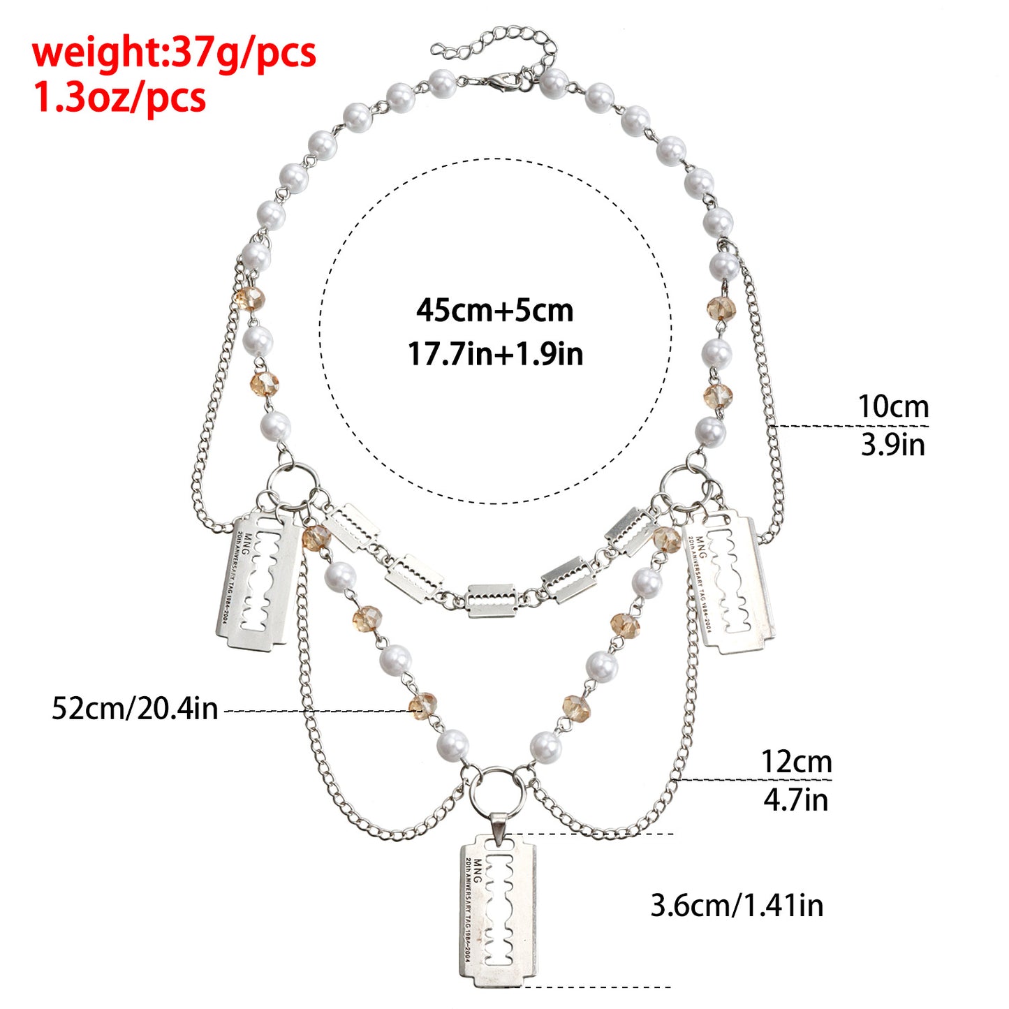 Geometric Pendant Necklace for Women with Alloy Razor Blade Charm Plated Finish and Pearl Accents
