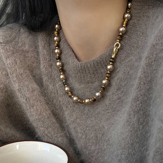 Retro Geometric Pearl Pendant Necklace with Gold-Plated Alloy Charm and Round Pearl Accents for Women