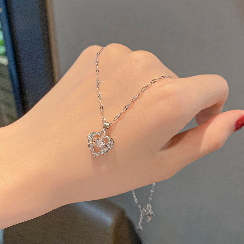 Elegante collana a forma di cuore in acciaio al titanio da donna con intarsio di strass e finitura placcata, stile catena a labbro, design chic minimalista