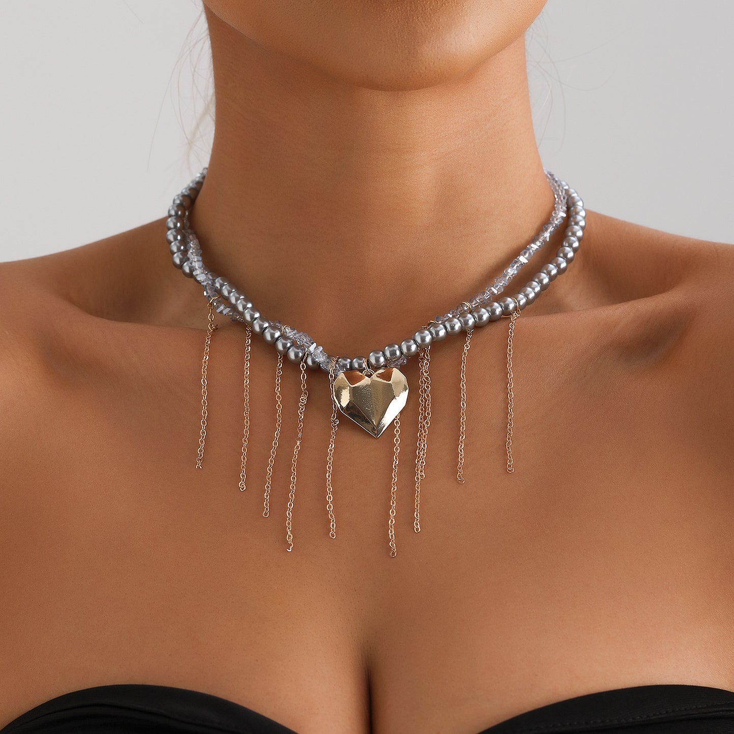 Elegant Crystal Heart Pendant Necklace with Tassel Detail on Gold-Plated Alloy Chain for Women
