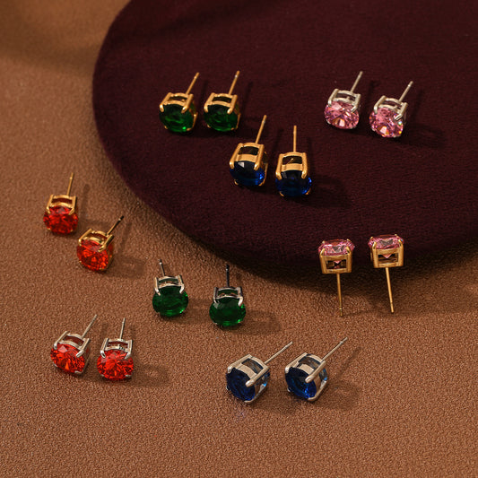 Orecchini piccoli e geometrici minimalisti in acciaio inossidabile da donna con zirconia colorata e placcatura sottovuoto in oro 18 carati