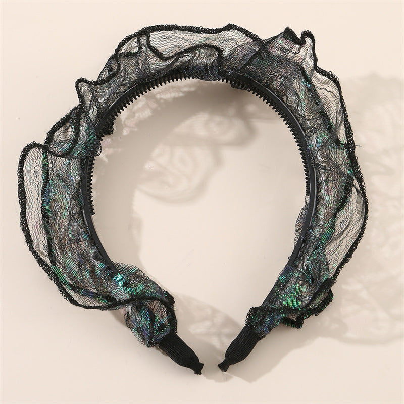 Diadema Vintage de Tul Negro Ondulado para Niñas con Ribete de Encaje y Construcción de Tela Antideslizante