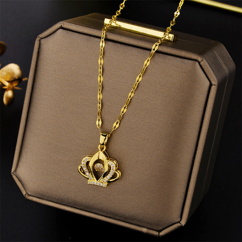 Elegant Crown-Shaped Pulsating Heart Pendant Necklace for Women in Titanium Steel with Plated Finish, Minimalist Locket Chain Design