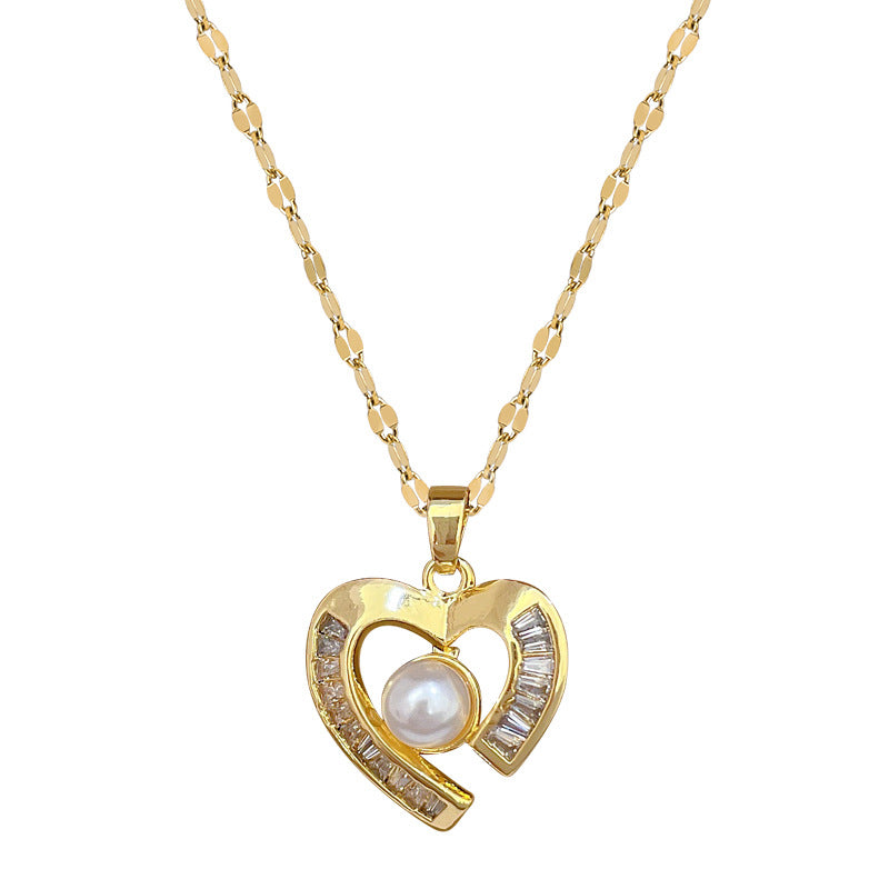 Luxury Geometric Heart Titanium Steel Necklace and Earrings Set with Rhinestones for Women
