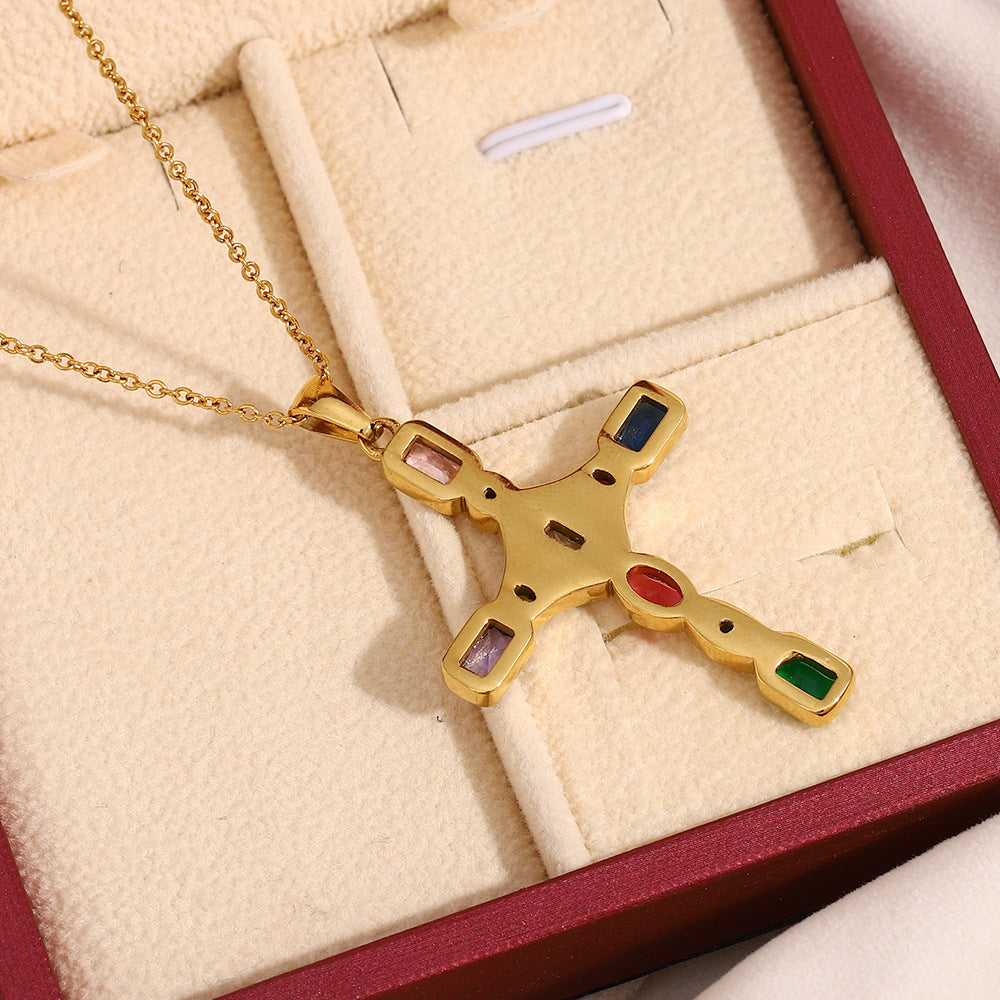 Collana Pendente a Croce Geometrica Ispirata alla Francia Vintage in Acciaio Inossidabile con Placcatura in Oro 18 carati da Donna