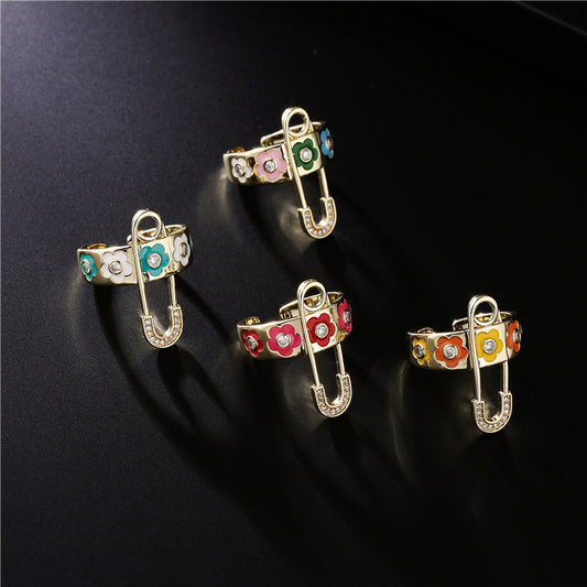 Elegant Geometric Floral Drip Oil Cubic Zirconia Inlay Brass Ring for Women