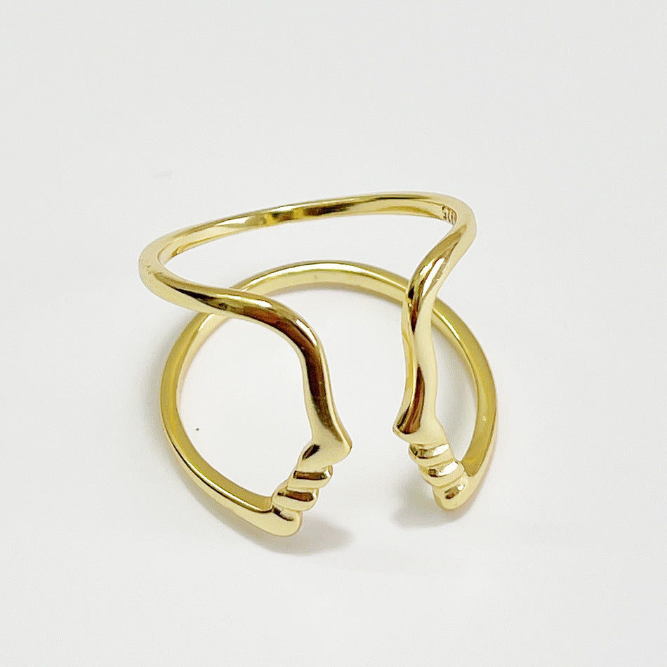 Anello Minimalista in Argento Sterling 925 Placcato Oro con Volto Astratto Geometrico