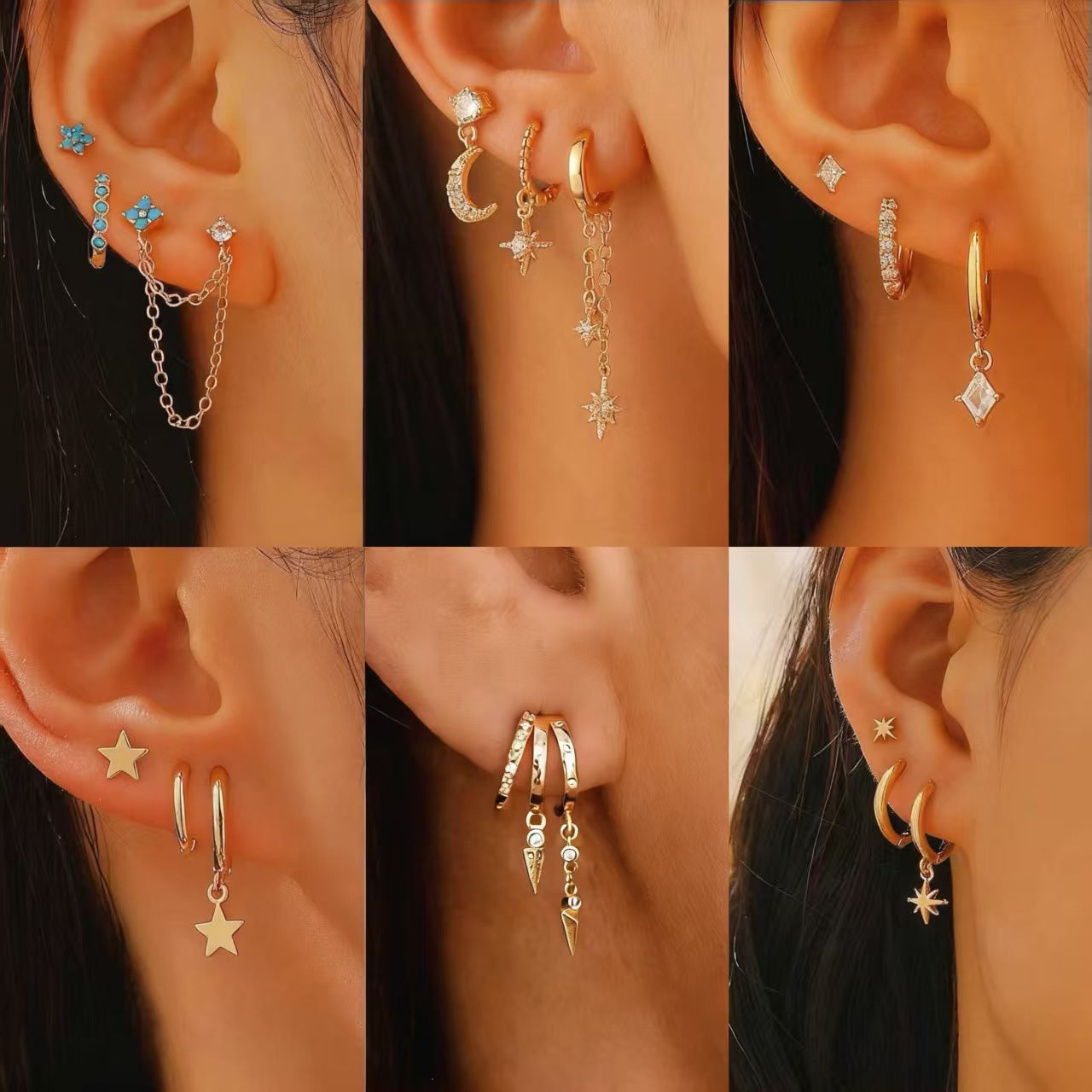 Orecchini Asimmetrici a Stella e Forma Geometrica con Zirconi, Base in Rame Galvanizzato, Perni in Oro 14K, Accessorio Moda Unisex