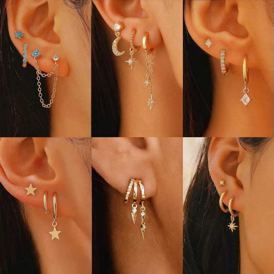 Orecchini Asimmetrici a Stella e Forma Geometrica con Zirconi, Base in Rame Galvanizzato, Perni in Oro 14K, Accessorio Moda Unisex