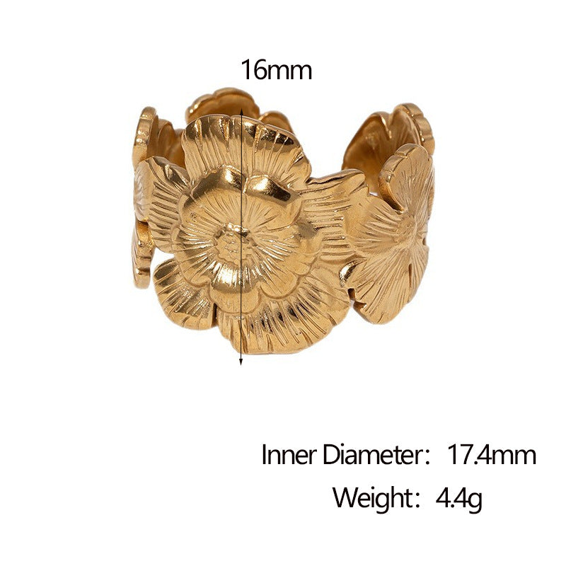 Minimalist Floral Open Ring in Stainless Steel with 18K Gold Plating for Women