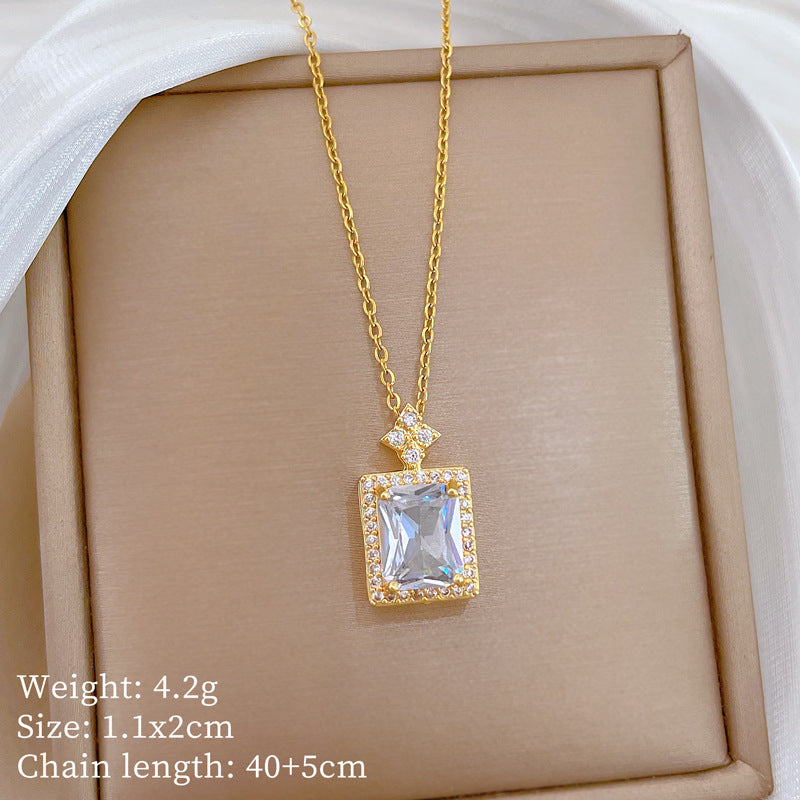 Sweet Full Cubic Zirconia Square Geometric Titanium Steel Necklace for Unisex