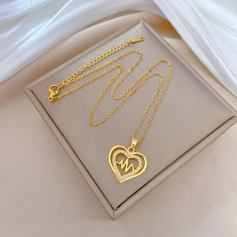 Collana Minimalista in Acciaio Inox a Forma di Battito Cardiaco con Ciondolo in Rame e Intarsio di Strass per Donna e Uomo