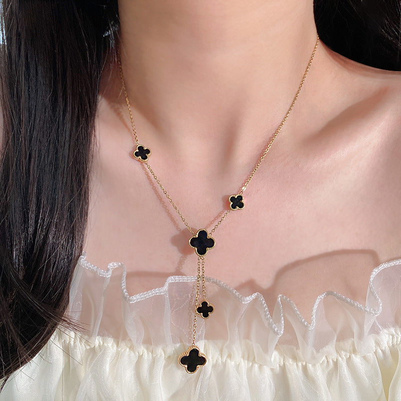 Elegant Gold Plated Titanium Steel Four-Leaf Clover Tassel Necklace for Unisex