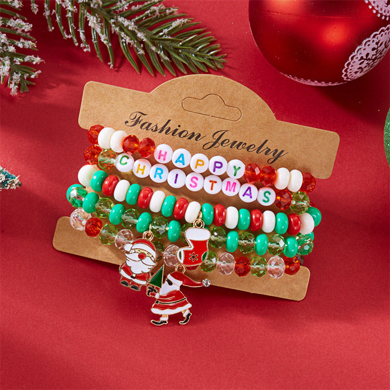Casual Cartoon Alloy and Resin Beaded Bracelet with Santa Claus and Bell Charms