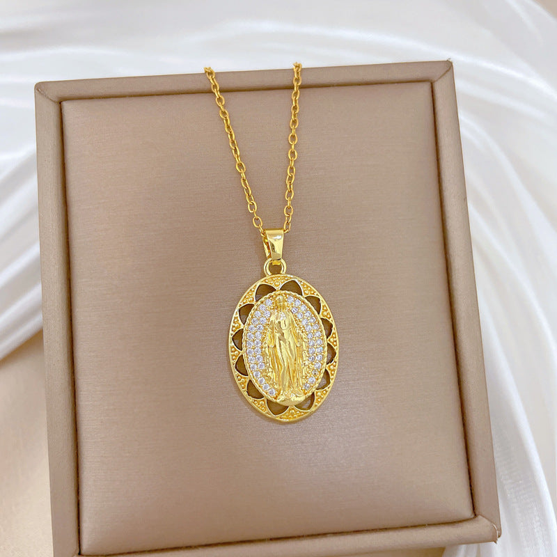 Sweet Minimalist Oval Geometric Hollow Portrait Rhinestone Pendant Titanium Steel Necklace for Unisex
