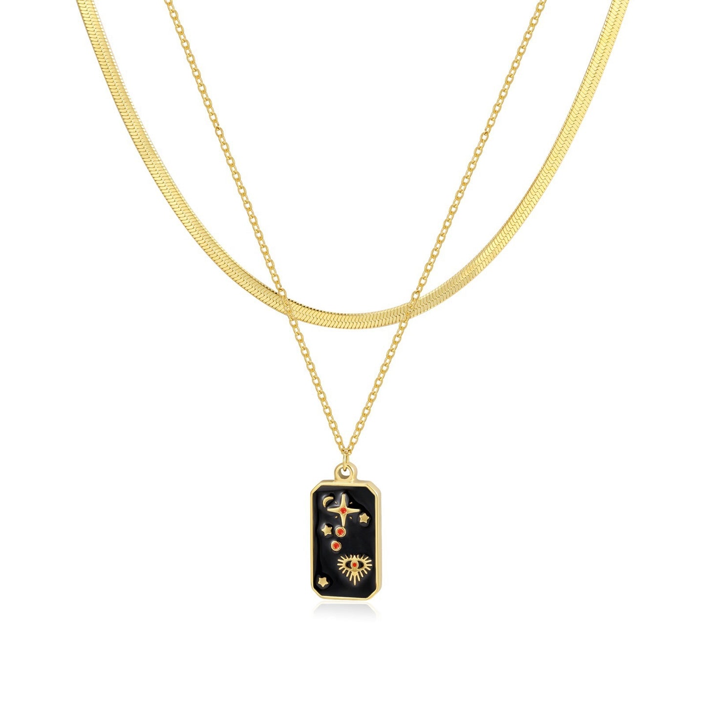 Collana Pendente Tarocchi Vintage a Doppio Strato in Acciaio Inossidabile con Design Divinità Solare Floreale a Ottagramma Sole e Luna su Catena Serpentina