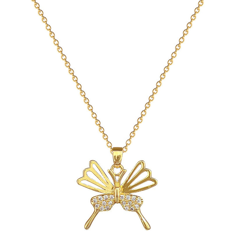 Minimalist Butterfly Pendant Necklace for Women and Men with Titanium Steel Chain, Hollow Design, Rhinestone Accented, Lightweight Locket Style