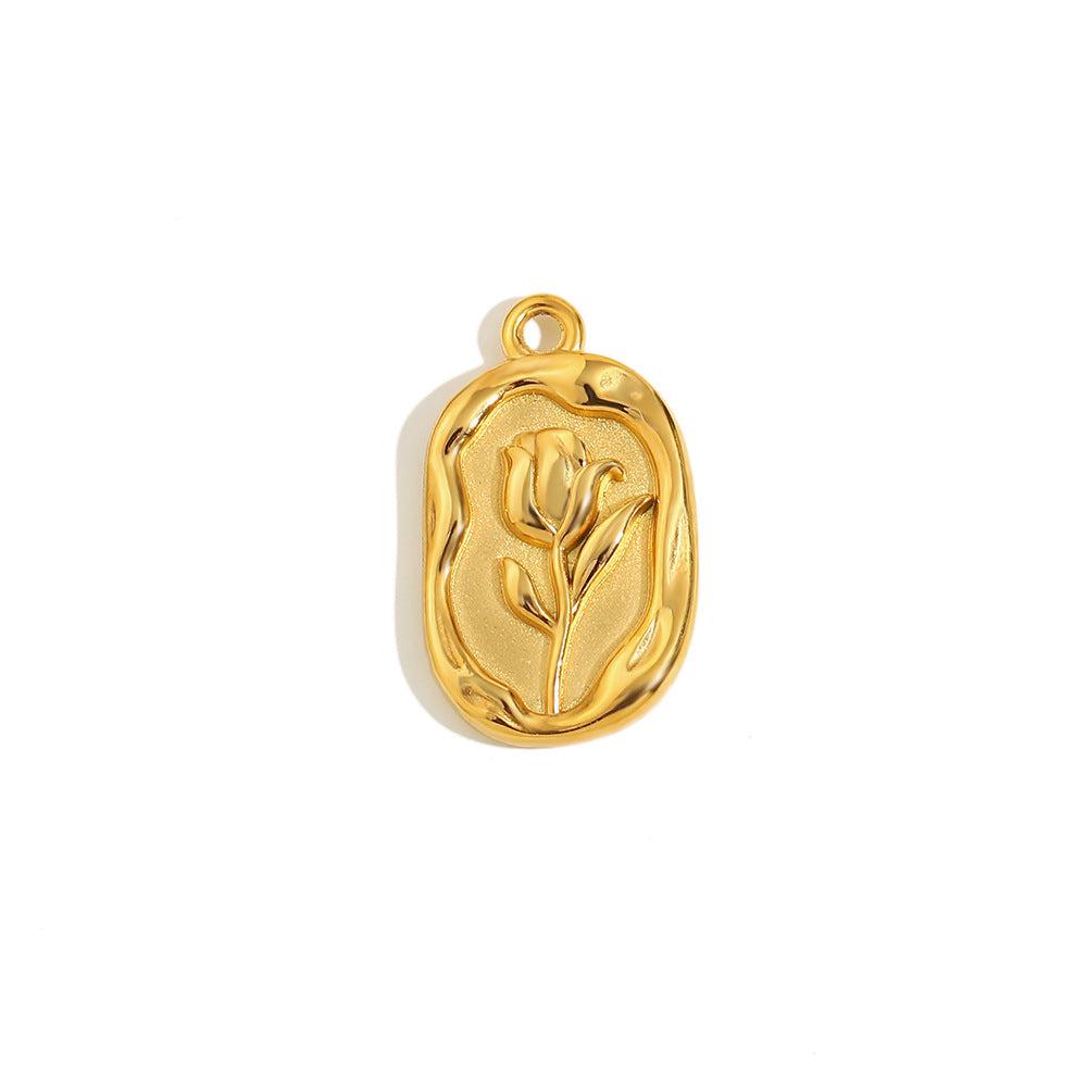 18K Gold Plated Stainless Steel Heart Pendant with Floral Rhinestone Charm Bar for Women
