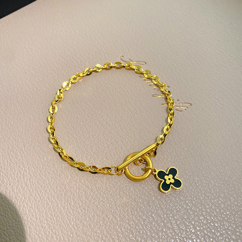 Black Geometric Four-Leaf Clover Plated Titanium Steel Bracelet with OT Clasp