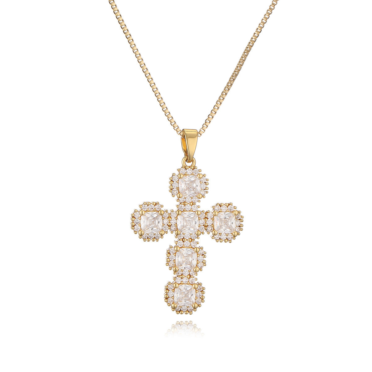 Minimalist Geometric Cross Pendant Necklace in Copper with 18K Gold Plating and Zircon Inlay for Women
