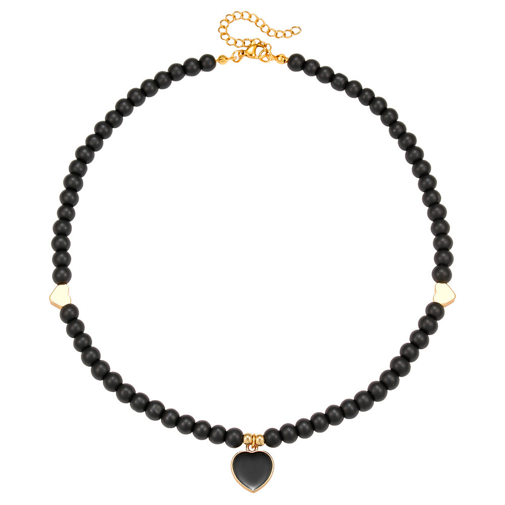 Minimalist Geometric Heart Drip Oil Alloy Necklace with Black Agate Beads for Women