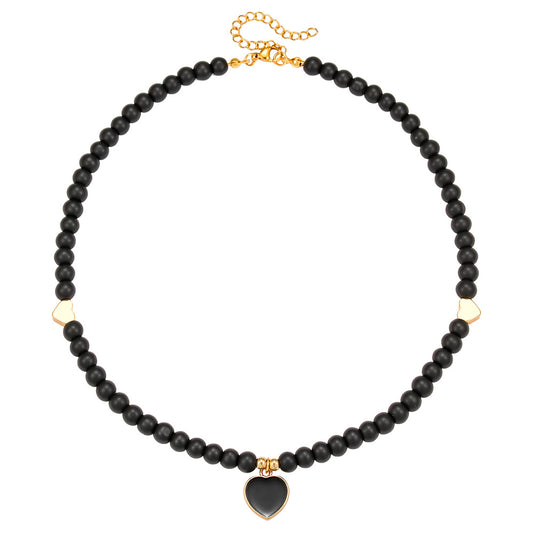 Minimalist Geometric Heart Drip Oil Alloy Necklace with Black Agate Beads for Women