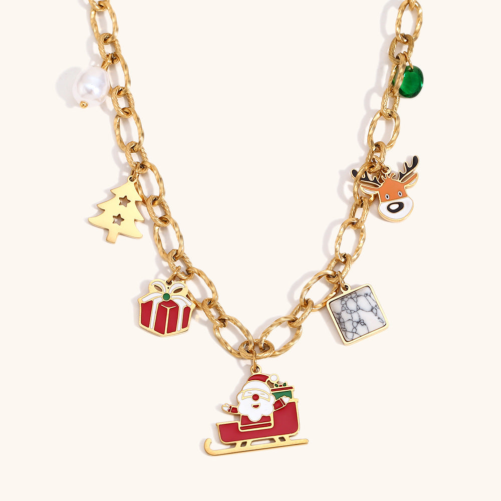 Collar de trineo de Navidad de moda con colgante de reno en acero inoxidable con baño de oro de 18K para mujer