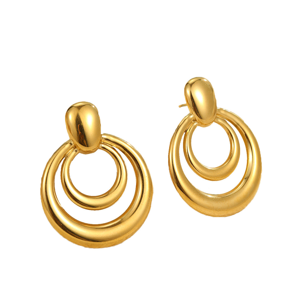 Vintage-Inspired Stainless Steel Gold-Plated Double-Layer Hollow Circular Geometric Earrings for Women