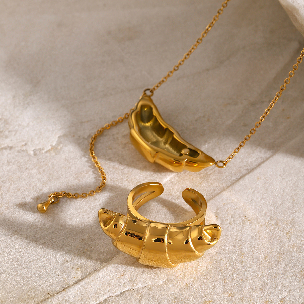 Ins Style Geometric Croissant Tassel Pendant Necklace and Ring Set 18K Gold Plated Stainless Steel