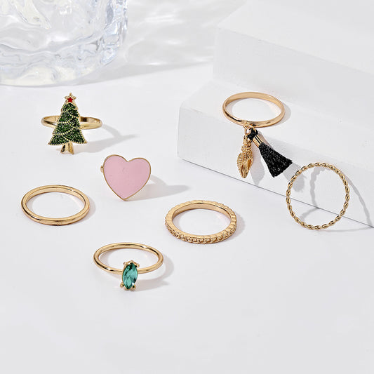 Casual Geometric Heart Teardrop Rhinestone Drip Oil Plated Alloy Ring with Christmas Tree Element