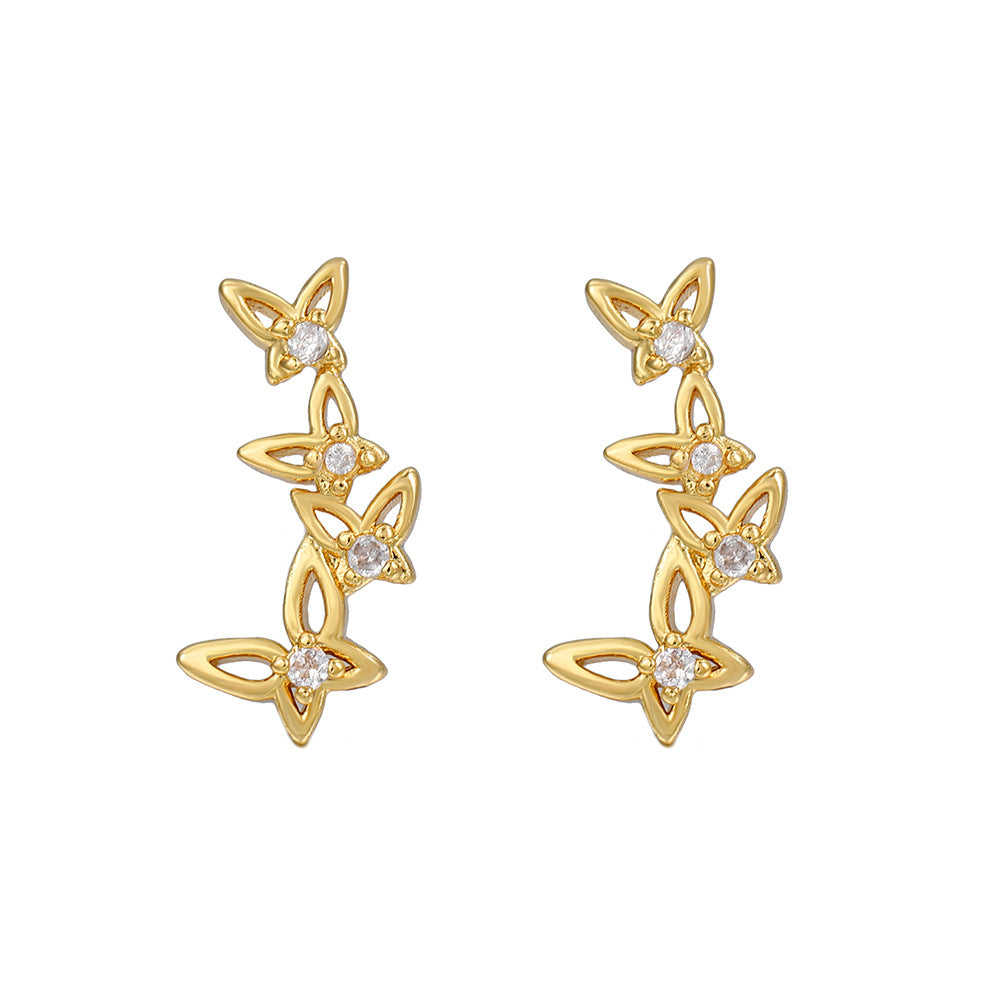 Vintage Sweet Butterfly Geometric Gold Plated Brass Stud Earrings with Cubic Zirconia